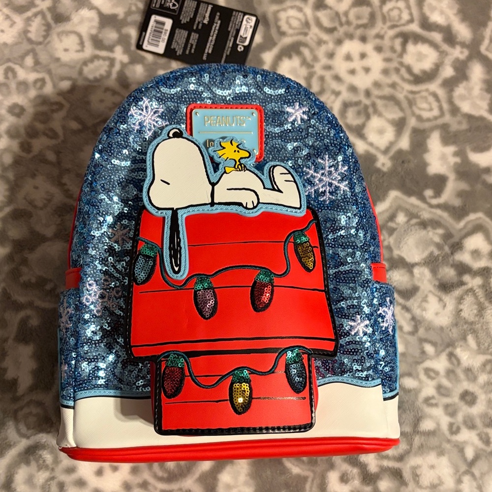 LOUNGEFLY Peanuts Blue and Red Backpack SNOOPY. CHRISTMAS NWT
